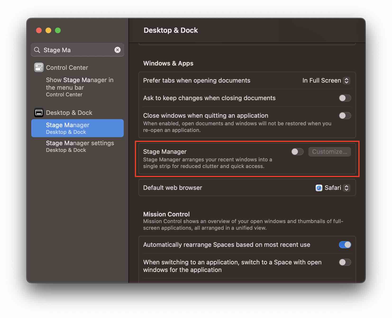 Turn off Stage Manager in System Settings - Desktop & Dock